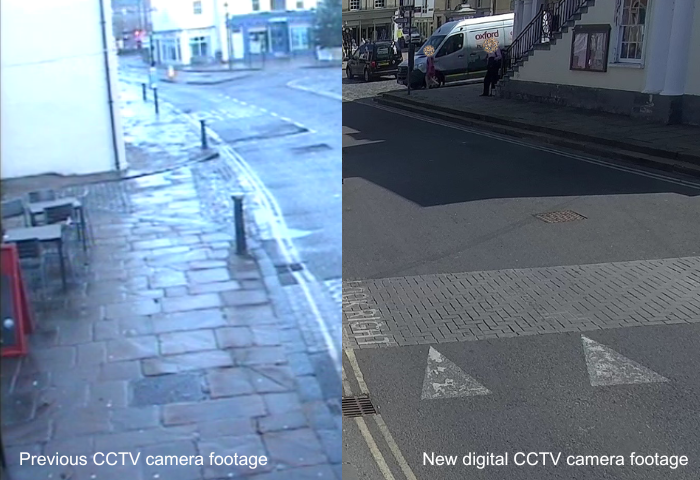 Side-by-side comparison of the previous analogue CCTV footage quality and the new digital CCTV camera footage which shows improved, HD digital camera quality.