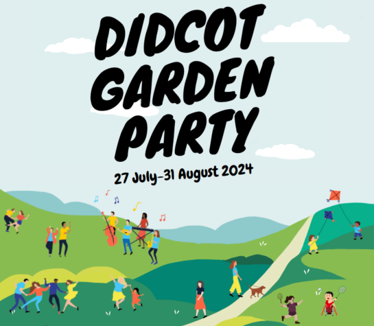 Didcot Garden Party 27 July - 31 August 2024. Image showing lots of people dancing, singing, playing music and sports.