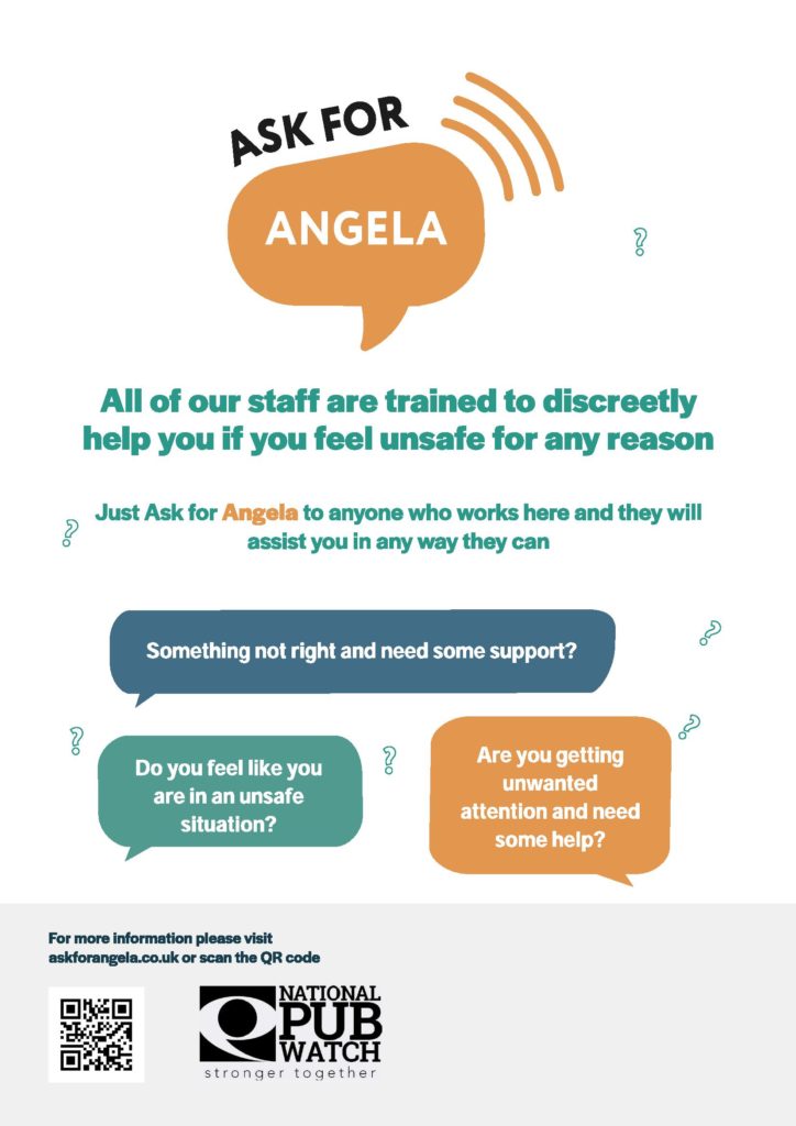 “ASK FOR ANGELA” poster with a safety campaign message. It advises individuals who feel unsafe to discreetly ask for Angela to any staff member for assistance. The poster includes questions like “Do you feel like you are in an unsafe situation?” and “Are you getting unwanted attention or need some help?” It also features a QR code for more information and a logo for National Neighbourhood Watch with the tagline “Stronger Together.